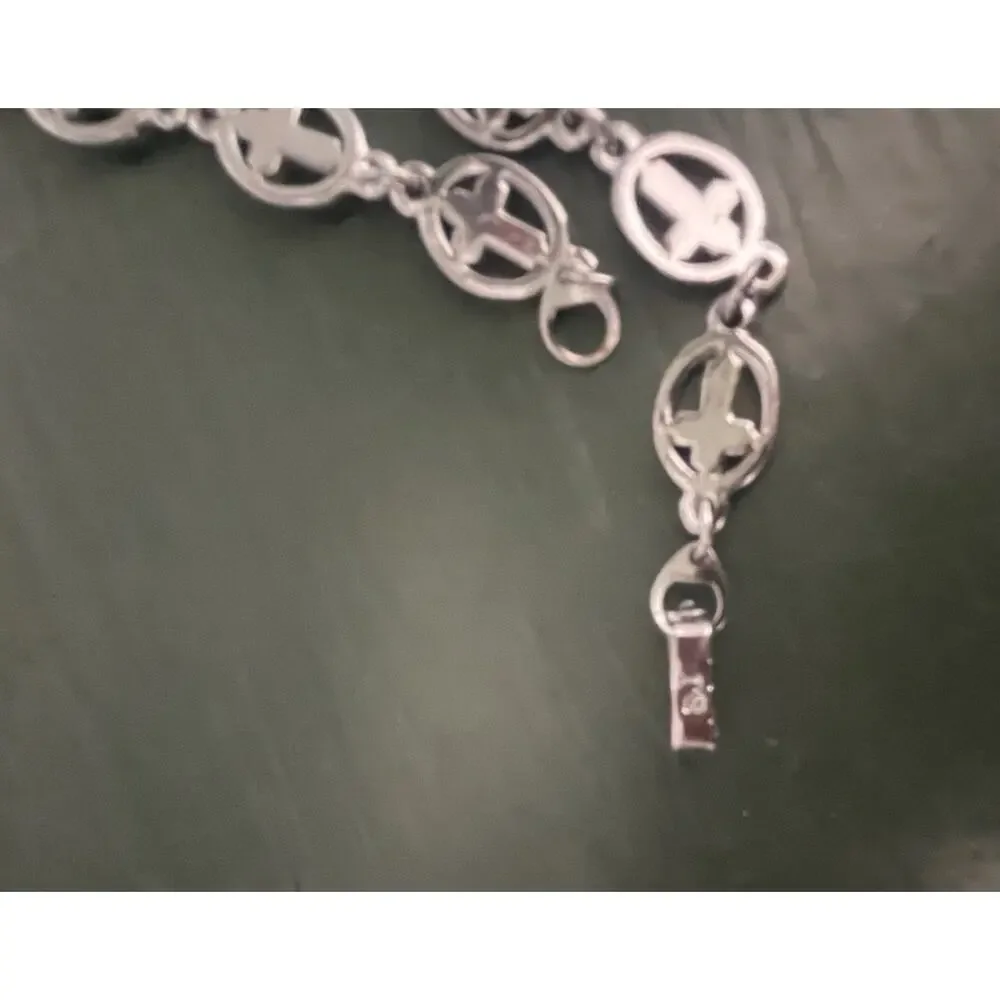 Vintage Cross Bracelet Silver Tone Jewelry Iridescent Center Simple Religious